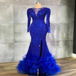 2020 Royal Blue Long Sleeves Mermaid Prom Dress Sexy Lace Appliqued Evening Gown High Side Split Formal Party Dress 285B