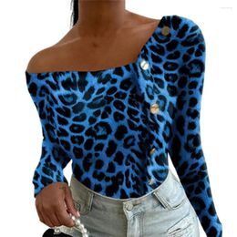 Women's Polos Sexy One Shoulder Leopard Print Women Top Soft Stitching Buttons Slim Autumn Blouse Nightclub Fashion Long Sleeves Clothing