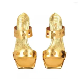Dress Shoes Square Open Toe Hollow Rivet Sandals Thick Patent Leather Personalized Metal Shaped Heel Slippers Slip-On Large Size Women