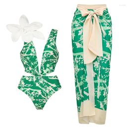 Women's Swimwear 3D Flower Green Printed One-piece Swimsuit V Deep With Pareo Cover Up Luxury Beachwear For Holiday