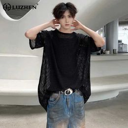 Men's T-Shirts LUZHEN New Mesh Translucent Design Fashion Short sleeved T-shirt Personalized Trendy Mens Top Korean Review Many Clothing LZ2974 Q240521