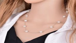 Women039s Pearl Station Necklace Simulated Beads Long Sweater Chain Silver beaded necklace2040542