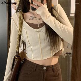 Work Dresses Sweet 2 Pieces Sets Women Slim Cropped Summer Long-sleeve Designed T-shirts Streetwear Y2k Young Simple Camisole Chic Hip