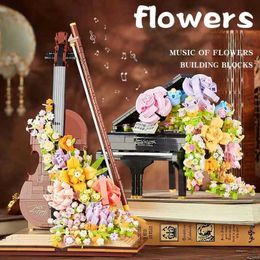 Blocks Preserved Flower Piano Violin Building Creative Musical Instrument Bouquet Waterfall Assemble Model Girl Christmas Gifts H240522