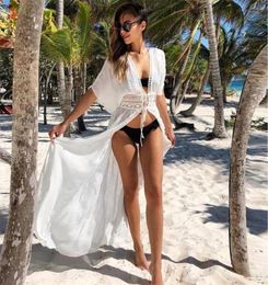 Boho White Crochet Knitted Beach Cover Up Dress Tunic Long Pareos Bikinis s Swim Robe Plage Beachwear 2205247522676