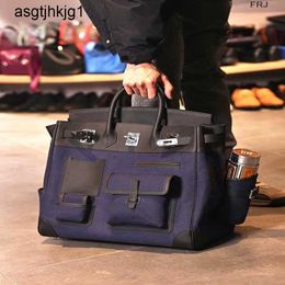 Tote Bag 40cm Hac Large Handbags Cargo Canvas with Swift Leather Mens Capacity Handbag Dark Blue Fabric Heightened and Thickened rj