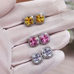 Pink Yellow Square Zircon Earring for Women Men Designer Jewellery Charm Shine CZ Wedding Stud Earrings Gift Fashion