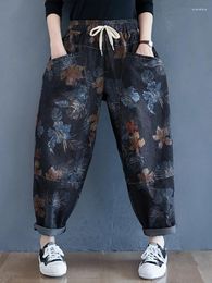 Women's Jeans Spring And Summer Retro Printed Harem Pants Washed Comfortable Loose Large Pockets Elastic Waist Casual Radish