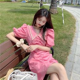 Party Dresses Korean Fashion Bubble Sleeve Beaded Dress Women Temperament Shirring Drawstring Sweet Solid Slim Summer Female Chic Wear