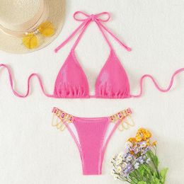 Women's Swimwear 2024 Pink 2 Piece Swimsuit For Women Rhinestone Chain Bikini Rose Red Summer Beach Vacation Suspender Backless