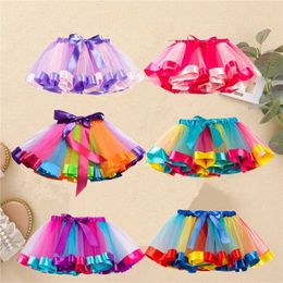 Skirts Fashion Kids Mesh Miniskirts Girls Princess Rainbow Colorful Dance Ballet Tutu Skirt Summer Party Bluey Dress Elastic Cloth 1-8Y Y240522