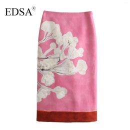 Skirts EDSA Women Pink Pencil Skirt 2024 Summer Mid-rise Floral Print Straight Midi Back Slit Vintage Girls Streetwear
