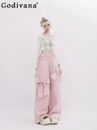 Women's Pants Girly Sweet Pink Casual 2024 Spring Fashion Y2k Loose Slimming Bow Wide Leg Women Elegant Trousers