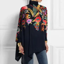 Women's Blouses Fall Spring Women Top Colorful Artistic Print High Collar Irregular Hem Long Sleeve T-shirt Loose Mid Length Pullover Blouse