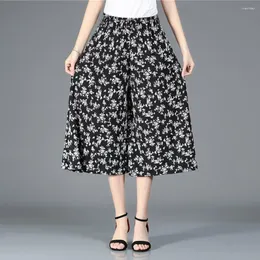 Women's Pants Elastic Waist Cropped Floral Print Wide Leg Culottes With Pockets Comfy Yoga Workout For Women Summer Mid-calf