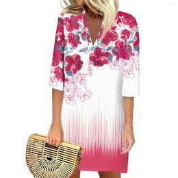 Casual Dresses Summer For Women Fashion Printed Loose V Neck 3/4 Sleeve Dress Ropa De Mujer Ofertas Vestidos Verano Moda 2024