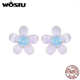 Stud Earrings WOSTU 925 Sterling Silver Purple Flower Ear Studs With Nano Opal Stone Fine Jewelry For Women Girl Cute Gift