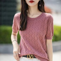 Women's T Shirts T-shirt Summer Cotton Sweater Short Sleeve Fashion Knitted Round Neck Ladies Tops Loose Blouse Pullover Hollow Tees