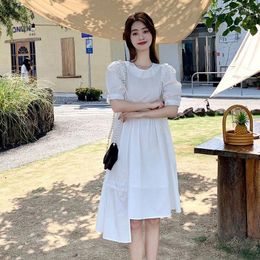 Casual Dresses Summer Puff Sleeve Irregular Women Fashion All-match Business Waist Knee-length Dress Princess Party Black White