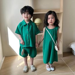 Clothing Sets 2024 Summer Children Short Sleeve Set Boys Shirts Shorts Cotton Suit Kids Girls Solid Vest Dress Brother Sisters Outfits