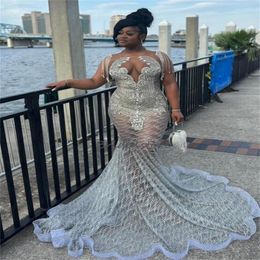 Sparkly Mesh Rhinestone Prom Dresses For Black Girls See Through Absolutely Stunning Silver Beaded Plus Size Evening Gowns Luxury Birthday Formal Party Dress 2024