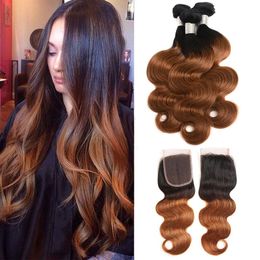Brazilian Virgin Hair Extensions 3 Bundles With 4X4 Lace Closure Body Wave 1B/30 Ombre Color Two Tone Straight Human Hair Wefts With Cl Kpsg