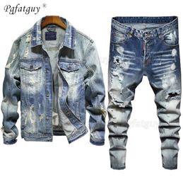 Men039s Tracksuits Ripped Hole Sets Spring Autumn Lapel Denim Jacket Stretch Jeans Tattered Whiten 2 Piece Set Conjuntos De H4994480