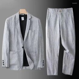 Men's Tracksuits Spring Autumn Fashion Men Linen Two-piece Set Blazer Jacket Pants Solid Slim Fit Casual Business Thin Clothing Breathable