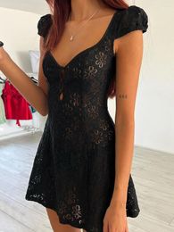 Casual Dresses Women S Short Sleeve Mini Dress Lace V Neck Buttons Down Ruffle Flow Swing Summer A Line