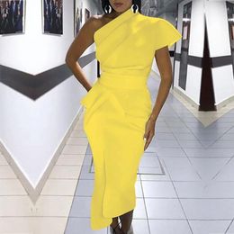 Casual Dresses Sexy One Shoulder Ruched Formal Party Dress Women Elegant Solid Yellow Cocktail Midi Black Asymmetrical Vestiti Donna