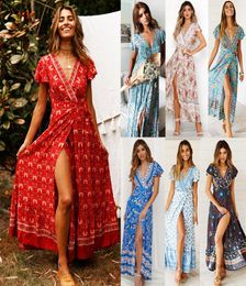 Women Boho Floral Long Maxi Dress VNeck Floral Split Dress Summer Beach Sundres2955930