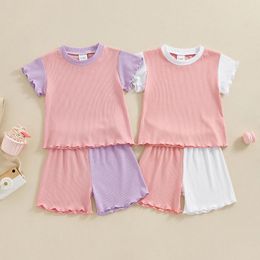 Clothing Sets Kids Girls Shorts Set Contrast Colour Short Sleeve Crew Neck T-shirt With Summer Outfit 6M-4Y