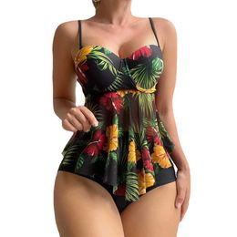 Women's Swimwear Sexy Mesh Bikini Set 2023 New Womens Swimwear High Waist Bottom Flower Print Top Adjustable Shoulder Straps Two Pieces d240521