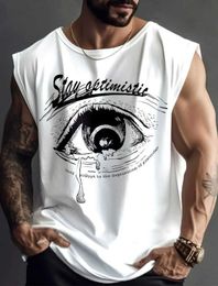 Men's T-Shirts Mens Tank Top Eye Design Letter Printed Crew Neckline Clothing Daily American Street Sports Sleeveless Lightweight Bottom Shirt Q240521