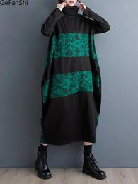 Casual Dresses 2024 Autumn Winter Patchwork Turtleneck Women Long Sleeve Fashion Dress Elegant Ladies Clothes Vestidos Robe