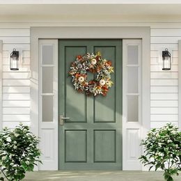Thanksgiving Artificial Fall Maple Leaf And Pumpkin Wreath For Front Door Home Farmhouse Decor Harvest Festival Hanging Garland 240522