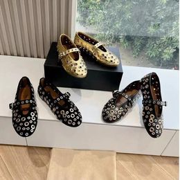 Casual Shoes Women's Metal Rivet Mary Jane Single Round Toe With Hollow Flat Bottom Comfortable Ballet Dance