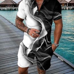 Summer Trend 3D Print Mens Tracksuit Set Casual Zipper Polo Shirt And Shorts 2pcs Sets Fashion Boho Geometric Style Man Clothes y240515