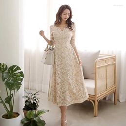 Casual Dresses Temperate A-line Lace Dress Women Spring Full Sleeve Long Swing OL Special Occasion Evening Party Vestidos