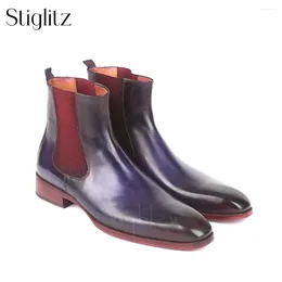 Boots Hand-Painted Stretch Ankle For Men Almond Toe Booties Genuine Leather Custom Handmade Elegant Shoes Wedding Party