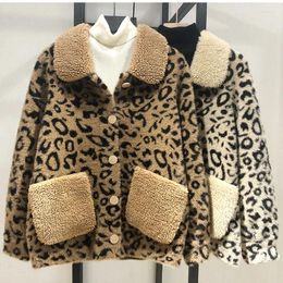 Women's Knits Leopard Print Two Sides Jacket Faux Lamb Fur Kawaii Winter Coat Teddy Fleece Parkas Harajuku Coats Cropped Stripeed
