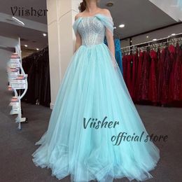 Party Dresses Viisher Aqua Tulle Princess Prom Off Shoulder A Line Sparkly Evening Dress Floor Length Celebrate Event