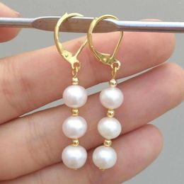 Dangle Earrings 7-8mm Natural White Round Southsea Pearl 14K Gold Bridal Diamond Wedding Office Ear Cuff Children Men Party Clip-on