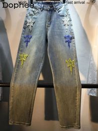 Women's Jeans Handmade Tassel Heavy Beaded Diamond Baggy Women Cotton Stretch Slimming High Waist Denim Pants 2024 Spring Trousers
