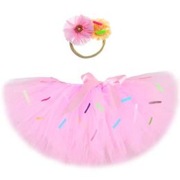 Skirts Pink Candy Donuts Tutu Skirt for Girls Baby First Birthday Party Tulle Costumes for Kids Toddler Cake Smash Photo Shoot Outfits Y240522