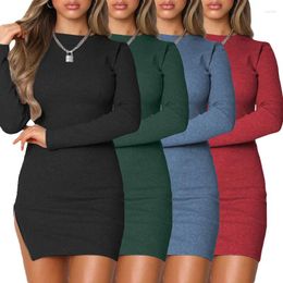 Casual Dresses 2024 Autumn And Winter Women's Style Solid Round Neck Long Sleeve Zipper Hip Bag Sexy Nightclub Dress