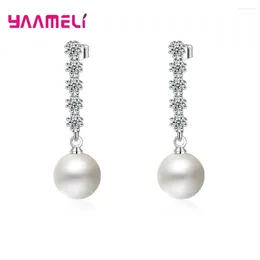 Dangle Earrings For Woman Long Drop Pendientes Fine 925 Sterling Silver Sparkling Cubic Zircon Freshwater Pearl Jewelry