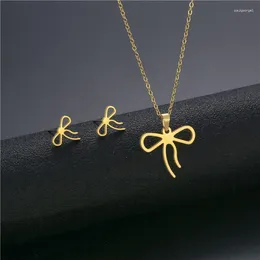 Necklace Earrings Set South Korea Ins Niche Smooth Bow Steel Feminine Design Clavicle
