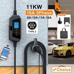 11KW 16A 3Phase Car Charger Type2 Cable EV Portable Charger Wi-Fi APP Control EVSE Charging Box CEE Plug for Electric Vehicle