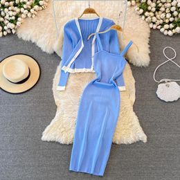 Work Dresses Fashion V-neck Long-sleeved Knitted Top Shawl Cardigan Two-piece Suit Mid-length Tight Elastic Bag Hip Dress